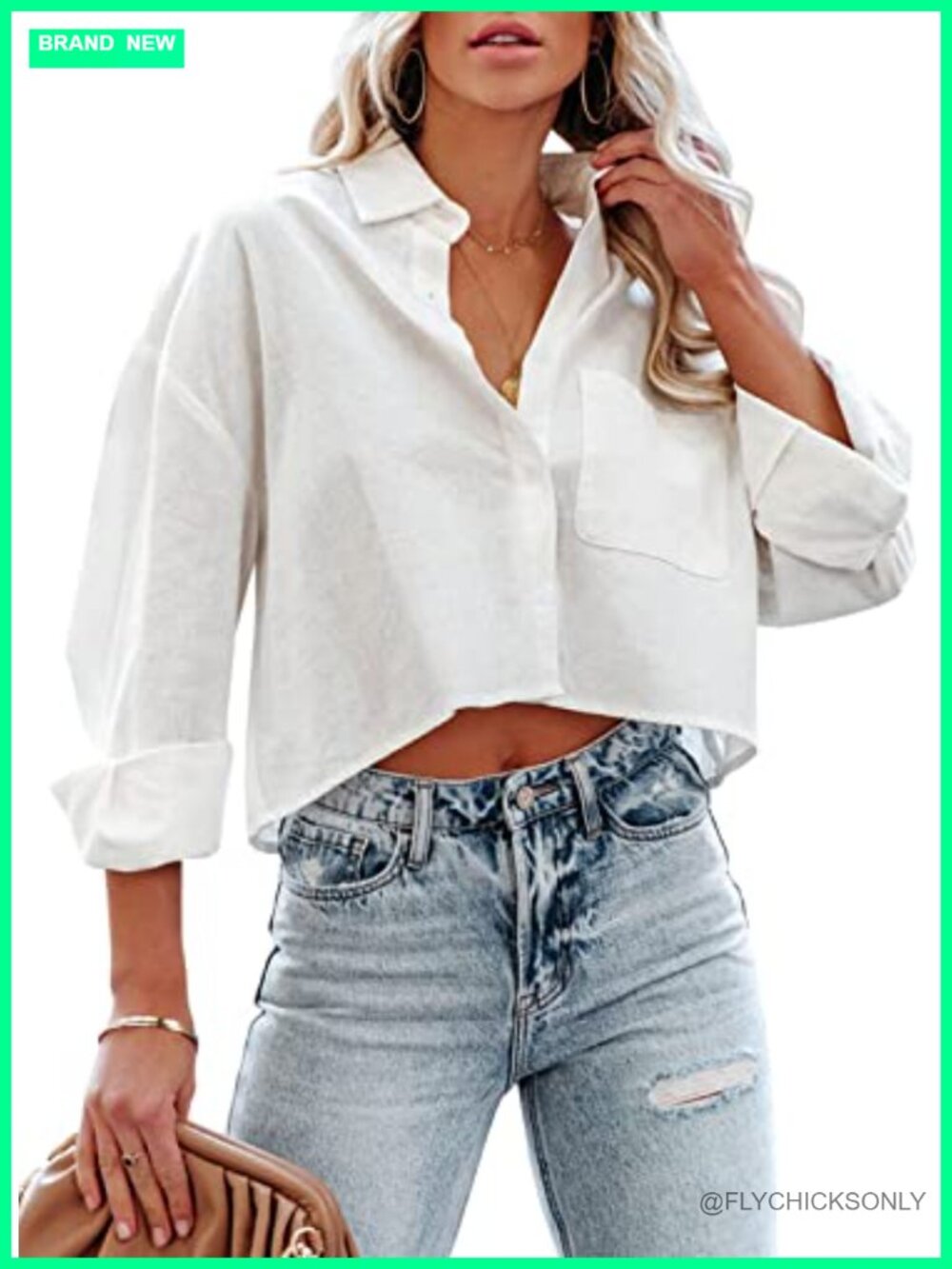 Tankaneo Women's 100% Cotton Cropped Button Down Shirt Long Sleeve